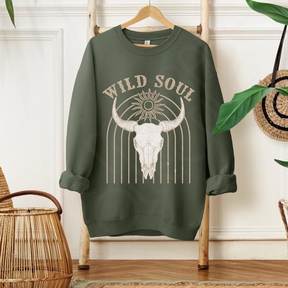 Boho Wild Soul Cow Skull Graphic Crewneck Sweatshirt - Picture 3 of 10